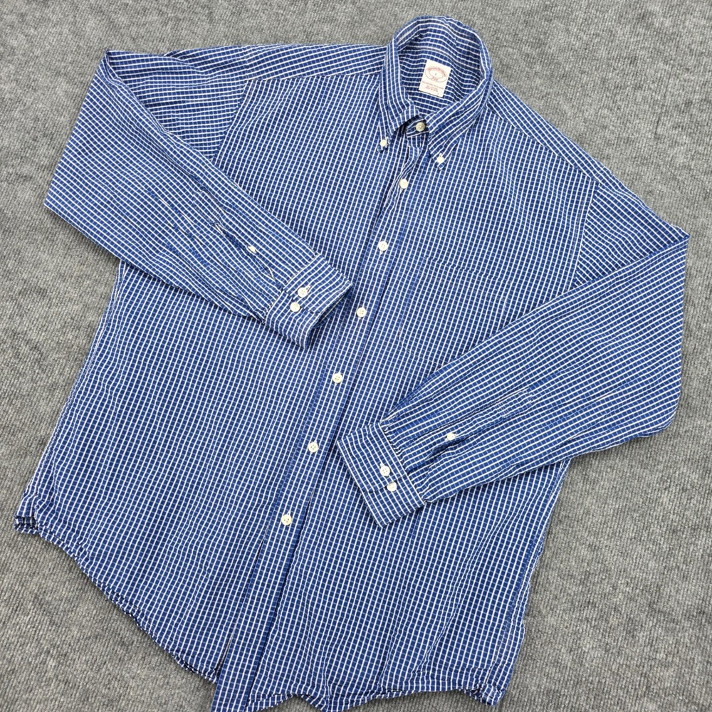 Brooks Brothers 346 Mens Large Blue White Gingham Check Button Down Cotton Shirt
